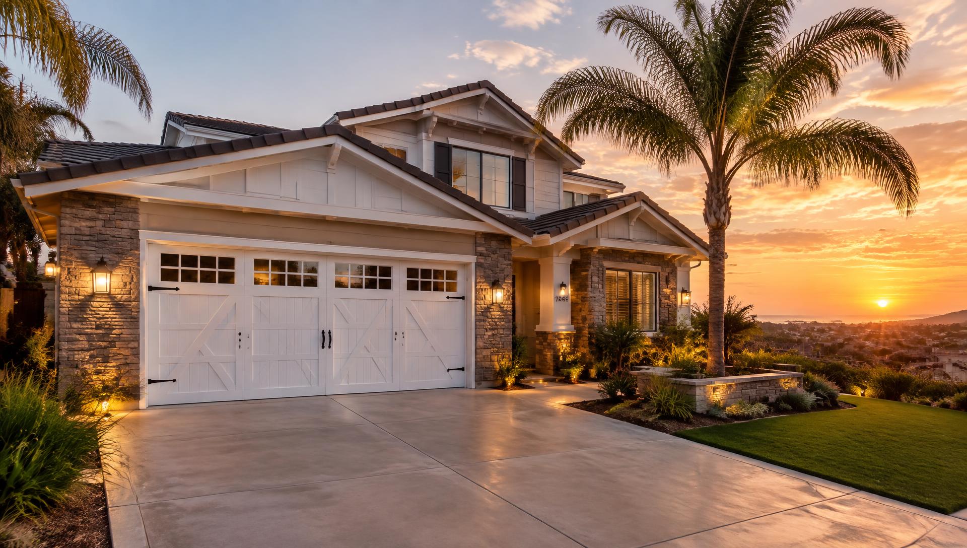San Diego home with a new white carriage-style garage door at sunset